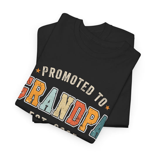 Black t-shirt with retro vintage text design 'Promoted to Grandpa Est. 2025' – perfect pregnancy announcement gift.