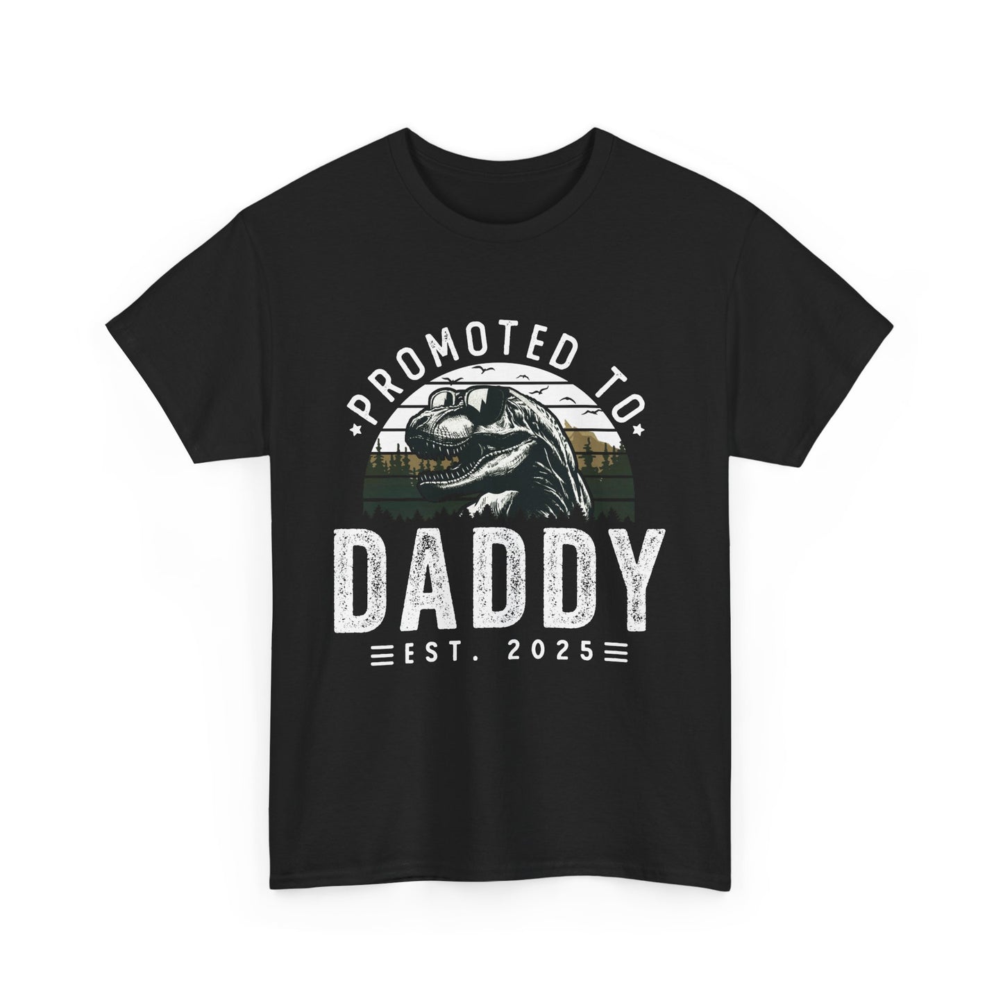 Black t-shirt with 'promoted to Daddy est 2025 Dinosaur' design – fun pregnancy announcement gift for expecting fathers.