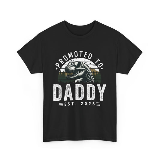 Black t-shirt with 'promoted to Daddy est 2025 Dinosaur' design – fun pregnancy announcement gift for expecting fathers.