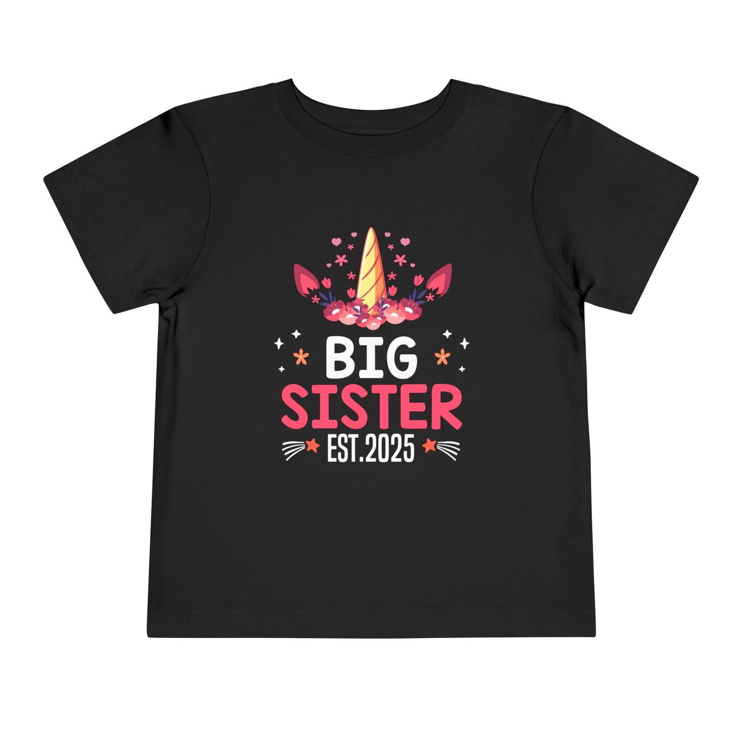 Girls t-shirt with ' Big Sister 2025' unicorn design – cute sibling pregnancy announcement outfit for daughters.