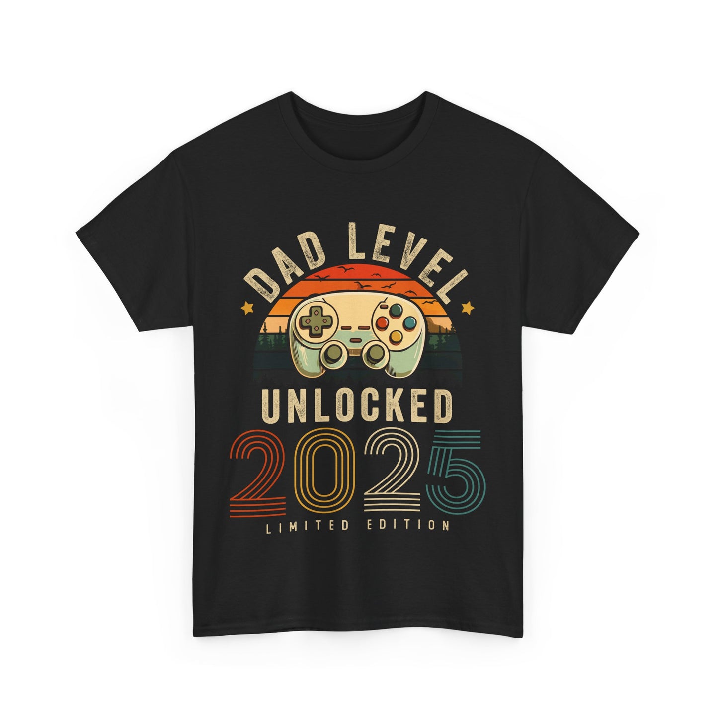 Black t-shirt with 'Dad Level Unlocked 2025' design – fun gamer-themed pregnancy reveal gift for new dads.