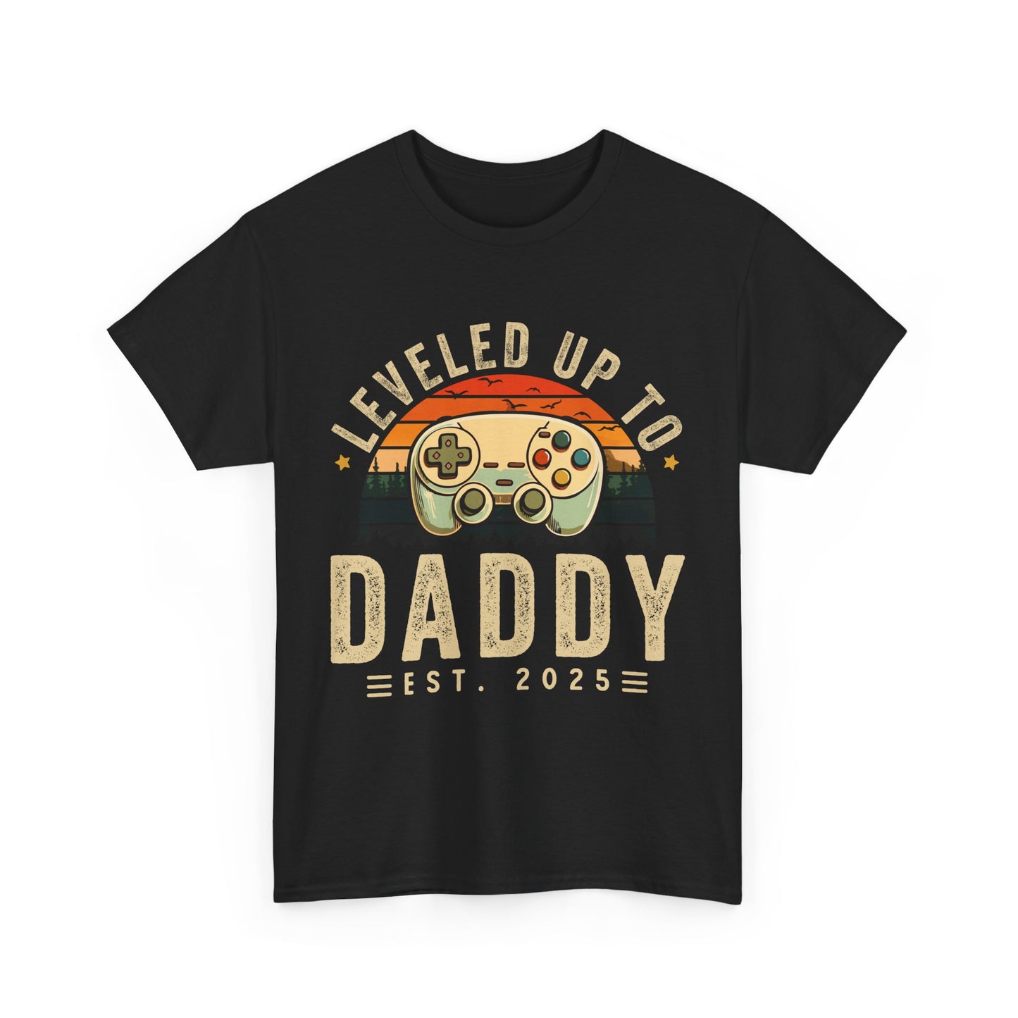 Black t-shirt with 'Leveled Up to Daddy Est. 2025' gamer-style design – perfect pregnancy announcement gift for gaming dads-to-be