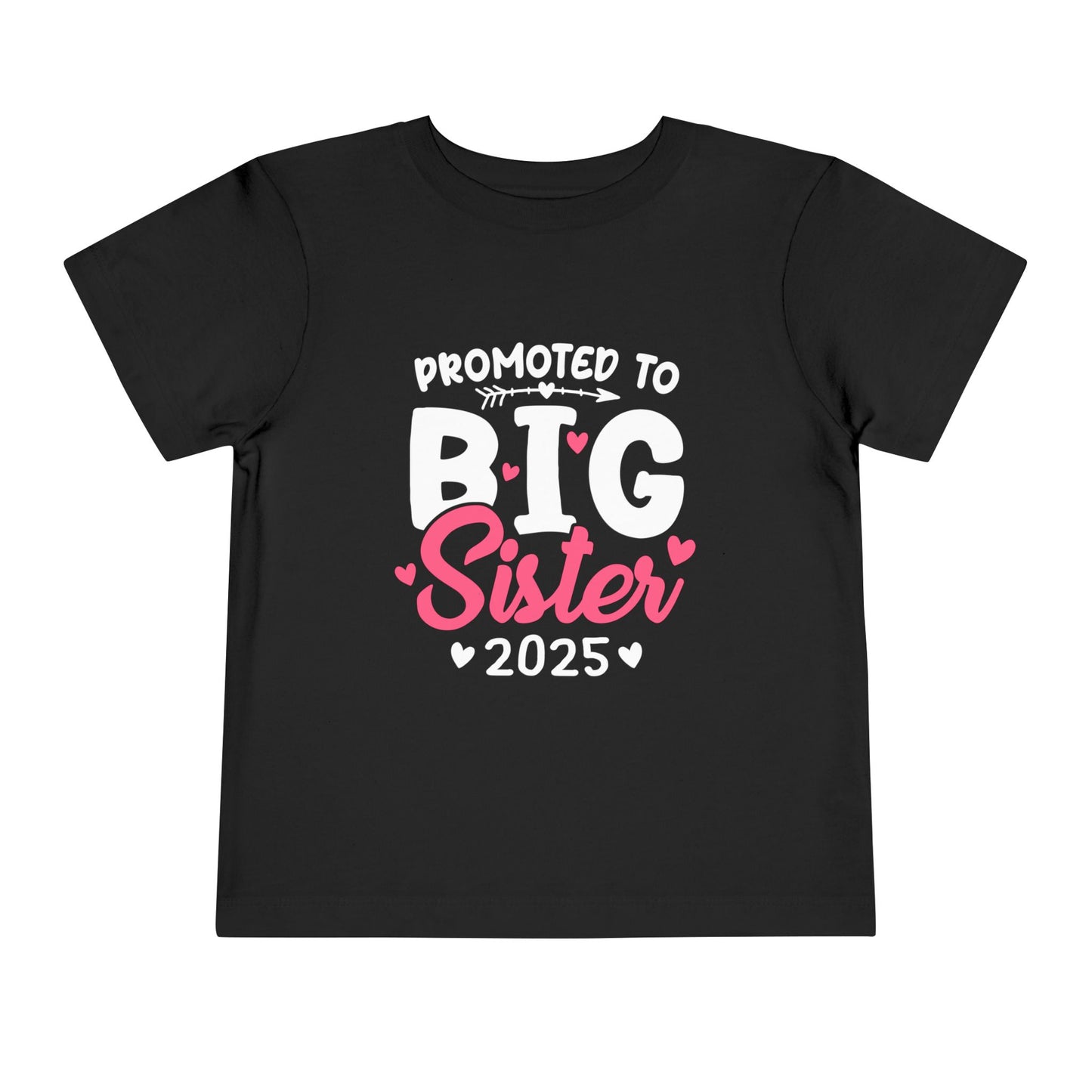 "Kids t-shirt with 'Promoted to Big Sister 2025' text – adorable sibling announcement shirt for girls expecting to become big sisters.