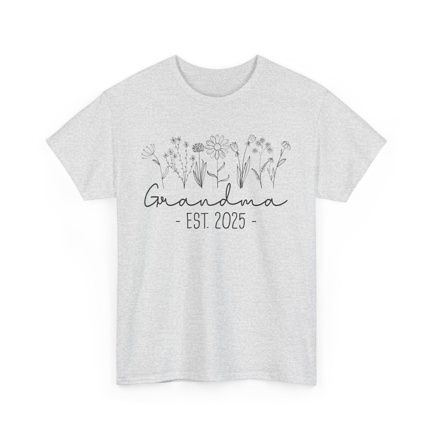 ‘Promoted to Grandma 2025’ T‑shirt styled with flowers, ideal pregnancy reveal gift flat presentation