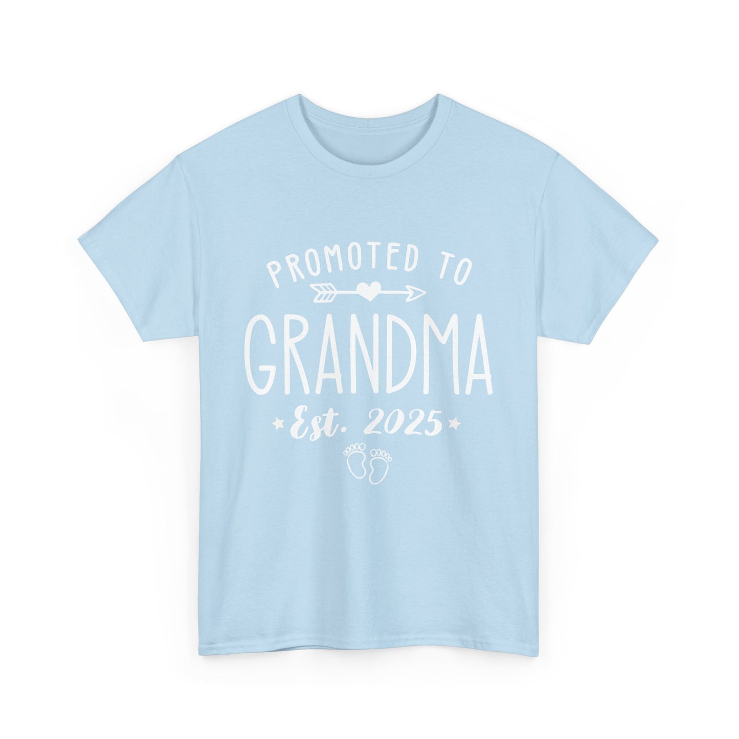 baby blue ‘Promoted to Grandma 2025’ T‑shirt with white printed circle design and footprints at casual outdoor setting.