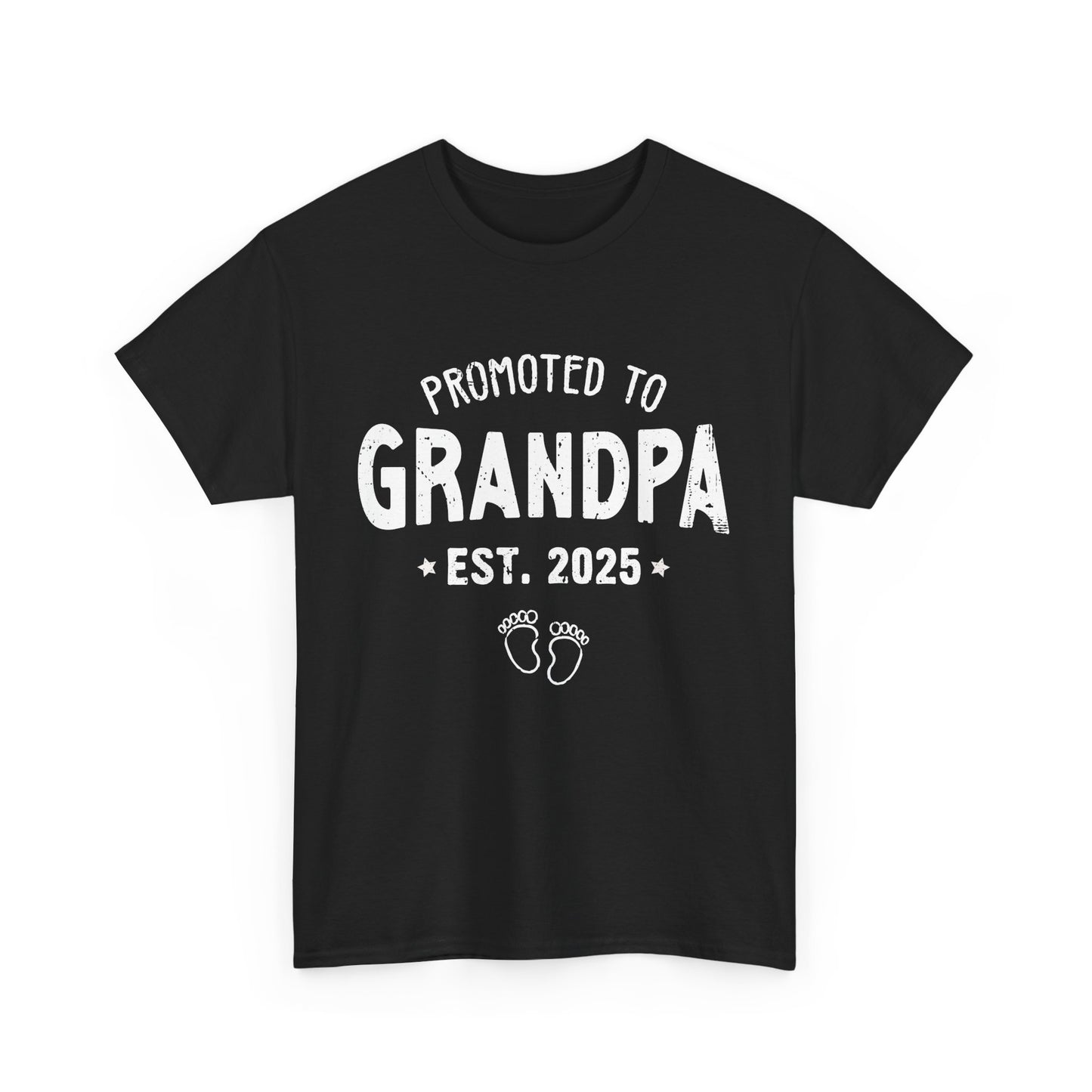 Black t-shirt with vintage text design 'Promoted to Grandpa Est. 2025' – perfect pregnancy announcement gift.