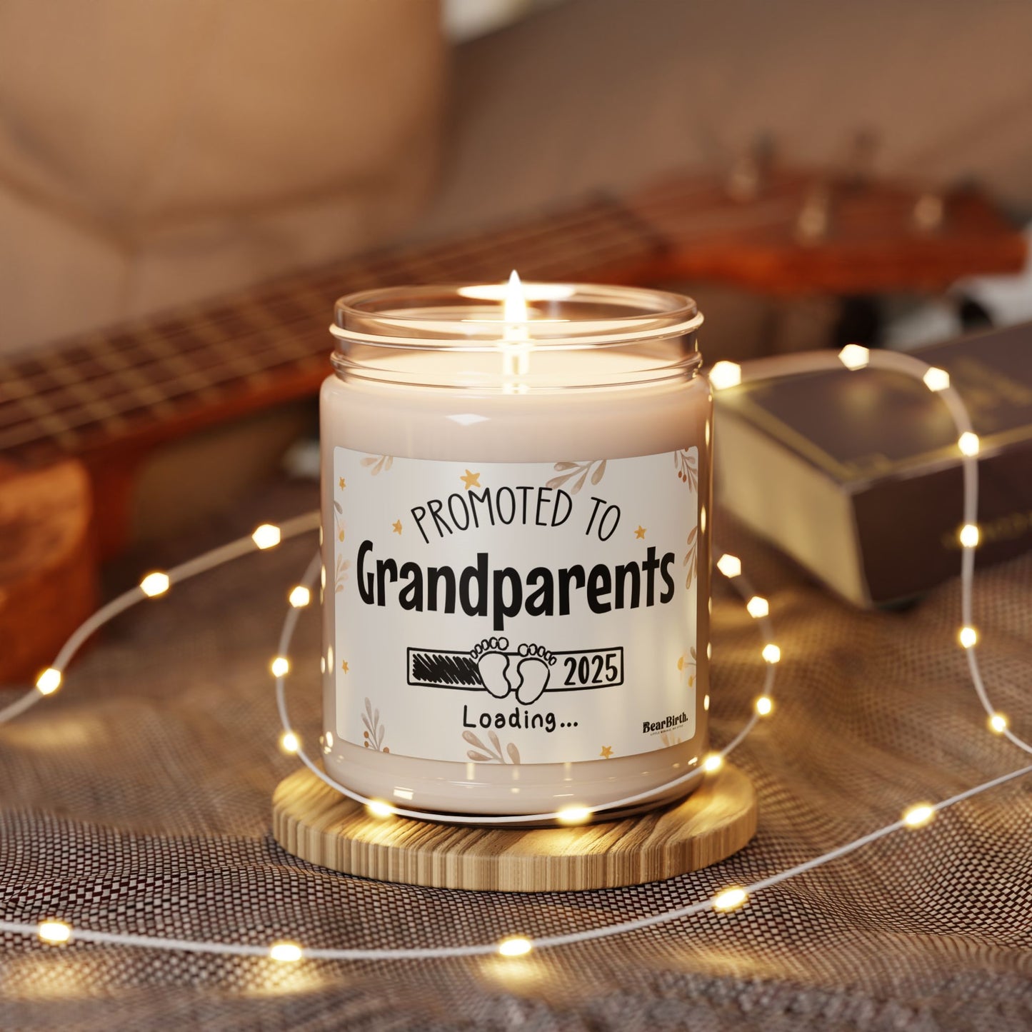 Scented candle with 'Promoted to Grandparents 2025 Loading' text – unique pregnancy reveal gift idea for future grandparents