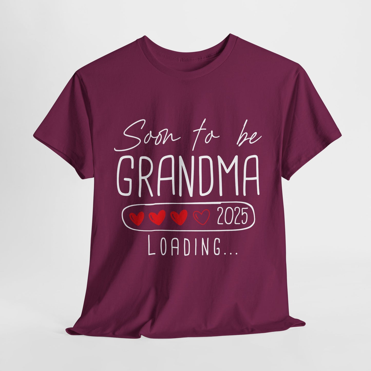 burgundy ‘Soon to Be Grandma 2025’ T‑shirt with elegant lettering and heart accent, perfect pregnancy reveal gift for grandma.