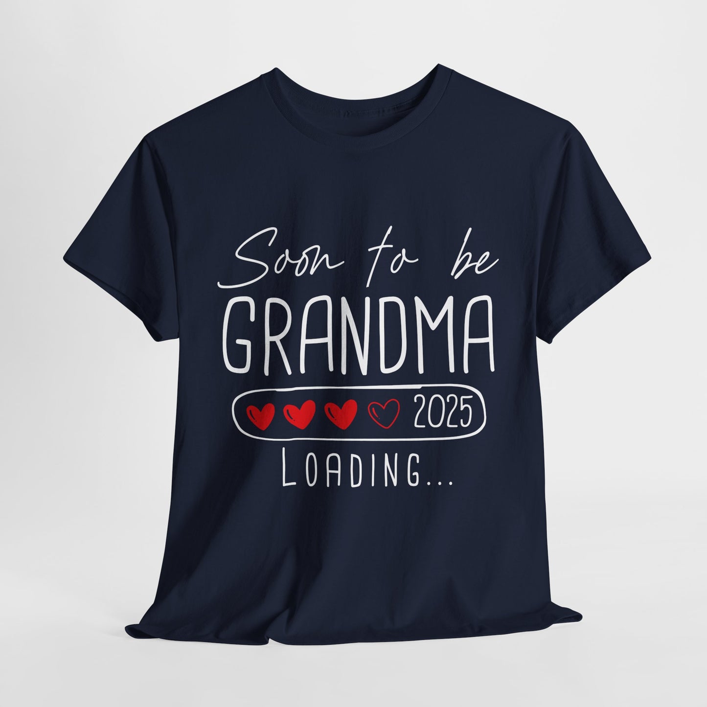 navy blue ‘Soon to Be Grandma 2025’ T‑shirt with elegant lettering and heart accent, perfect pregnancy reveal gift for grandma.