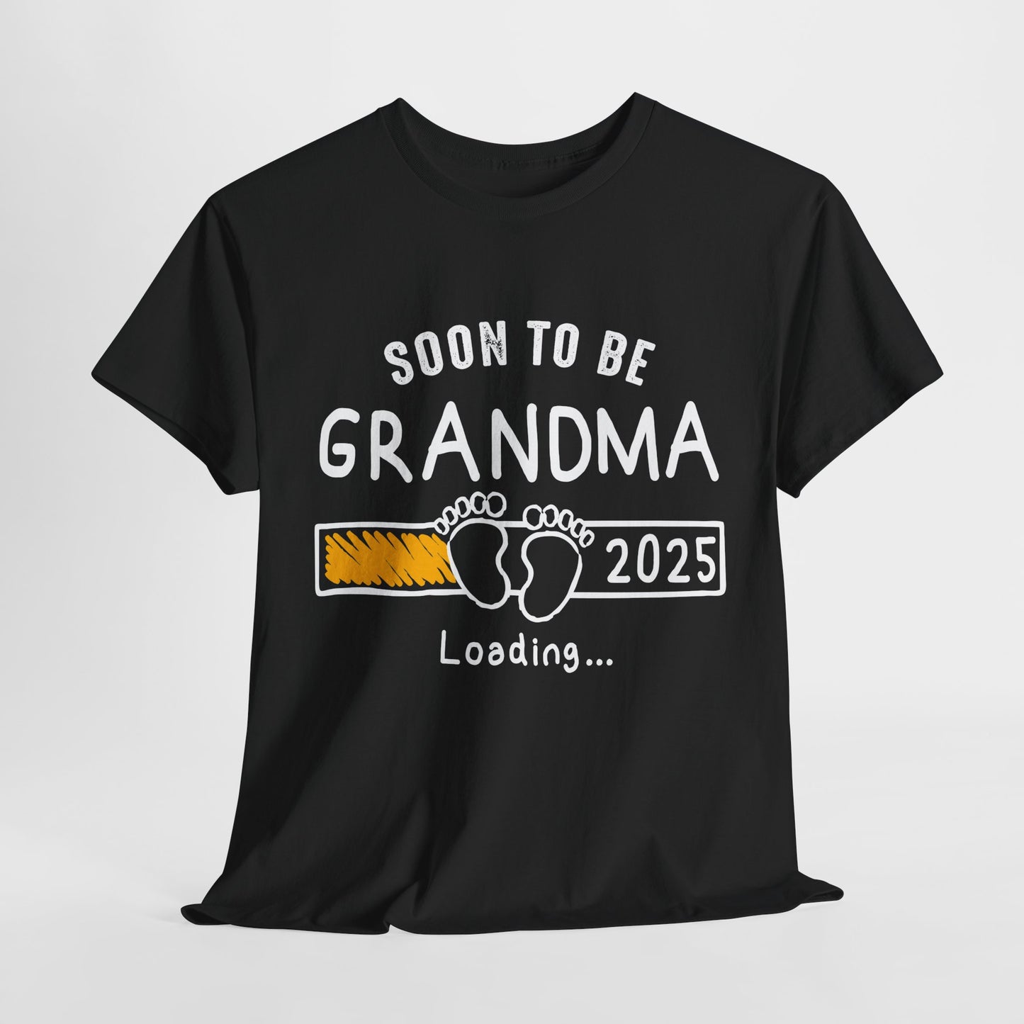 Black 'Soon to Be Grandma 2025 Loading' T‑shirt, front view with progress bar graphic, perfect pregnancy announcement gift.