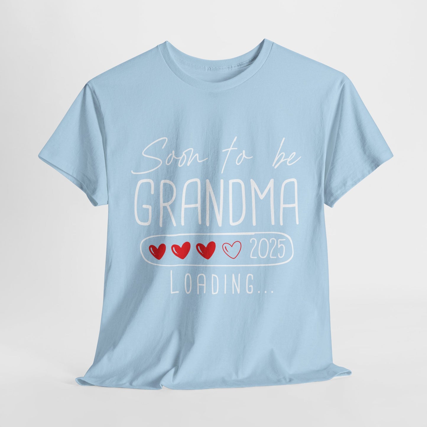 baby blue ‘Soon to Be Grandma 2025’ T‑shirt with elegant lettering and heart accent, perfect pregnancy reveal gift for grandma.