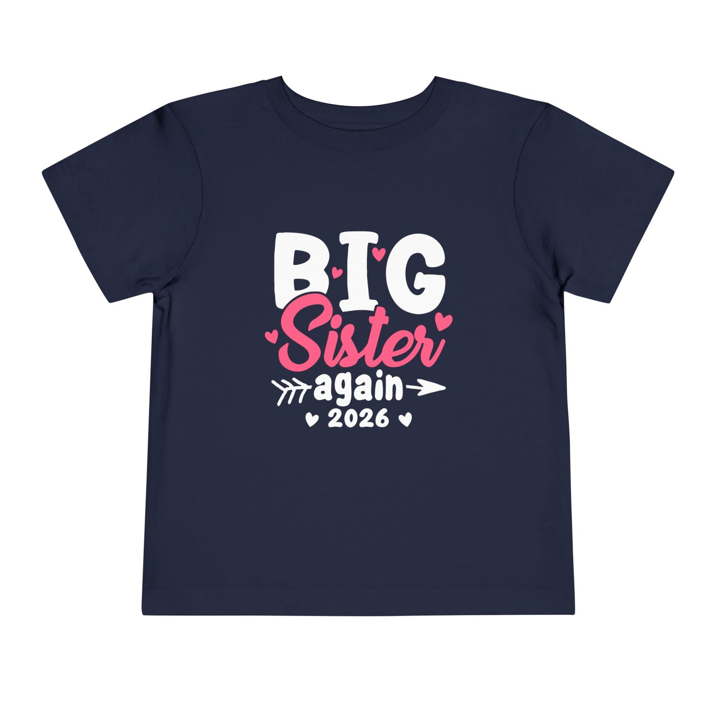 Navy blue t-shirt with 'Big Sister again 2026' text on a white background