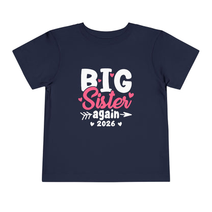 Navy blue t-shirt with 'Big Sister again 2026' text on a white background