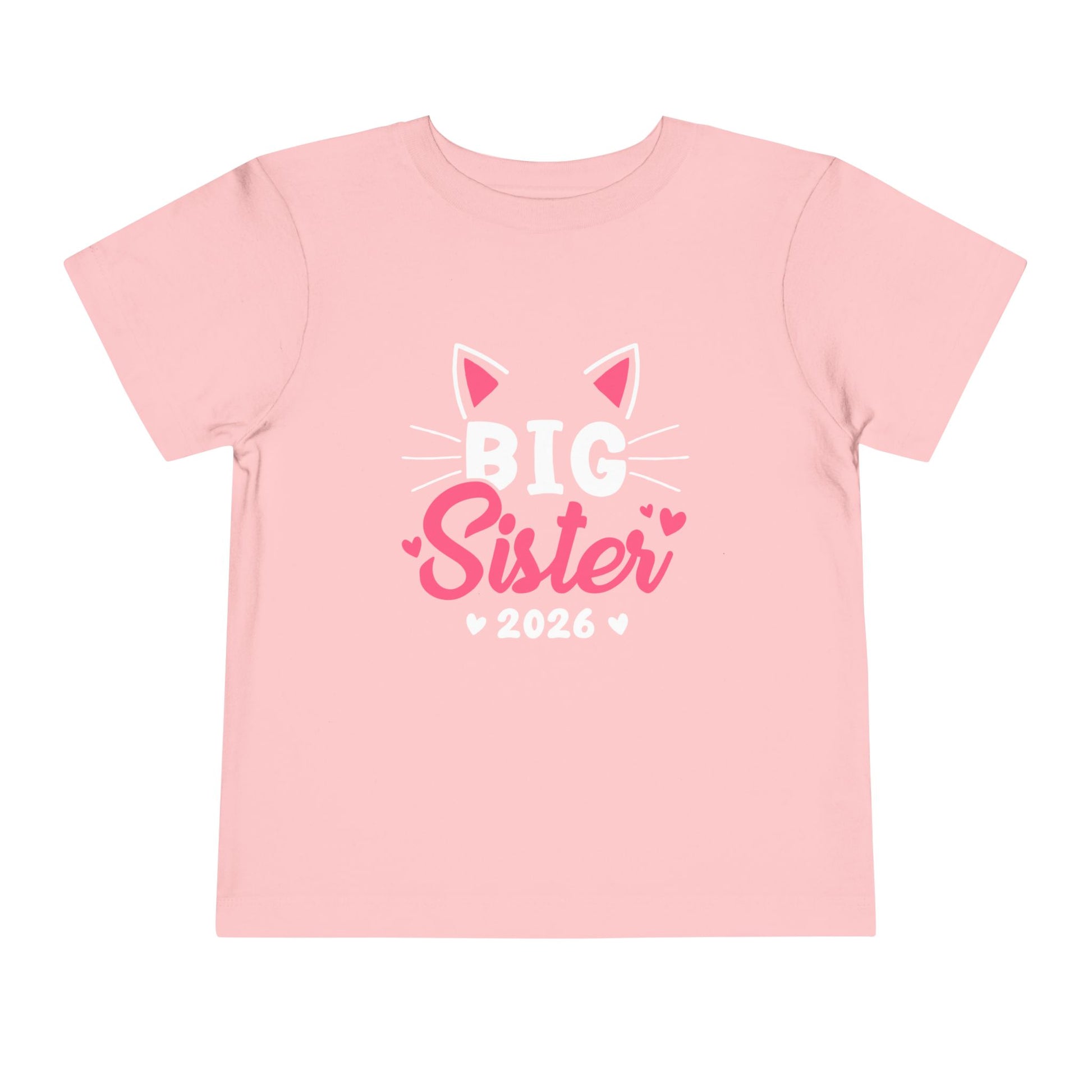 Pink t-shirt with 'Big Sister 2026' text and cat ears design on a white background