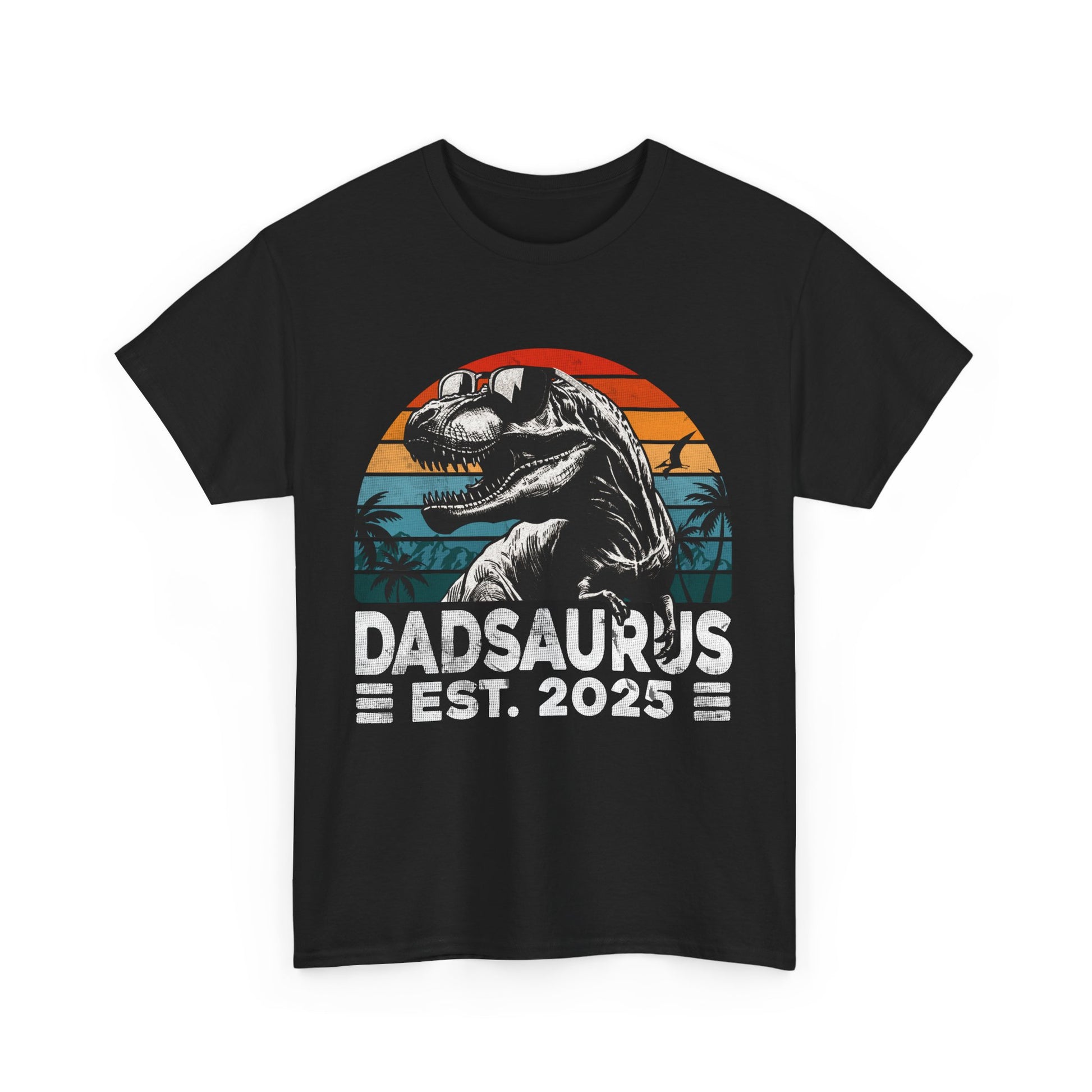 Black t-shirt with 'Dadsaurus Est. 2025' text in vintage style – perfect pregnancy announcement gift for future dads.