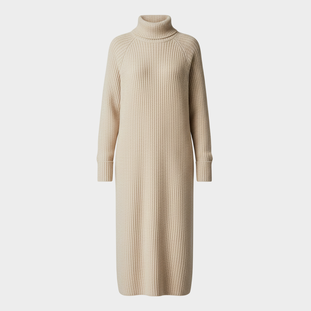 Laura - Ribbed Knit High Neck Midi Dress