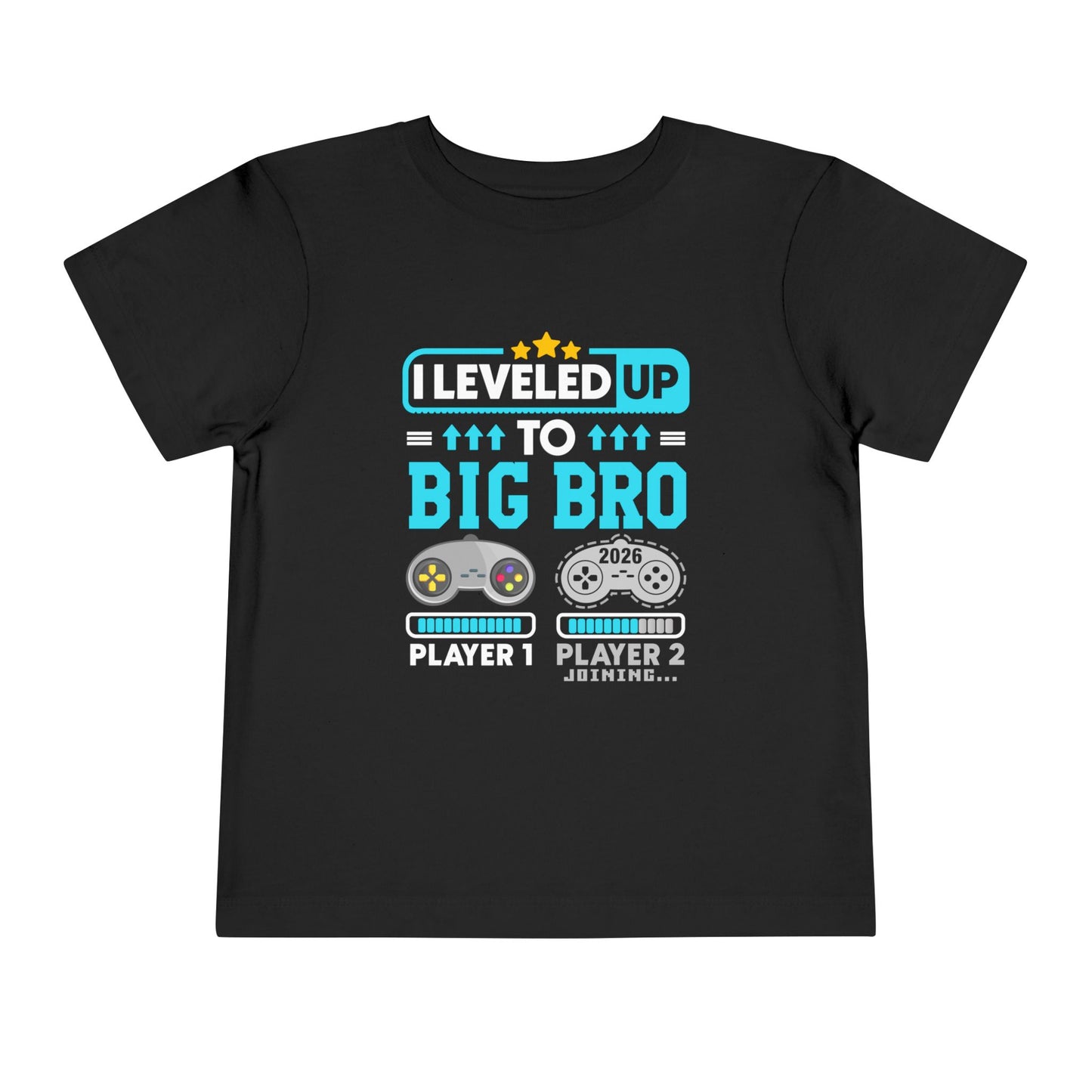 Leveled Up to Big Bro est 2026 T-shirt Black t-shirt with gaming-themed text and graphics on a white background