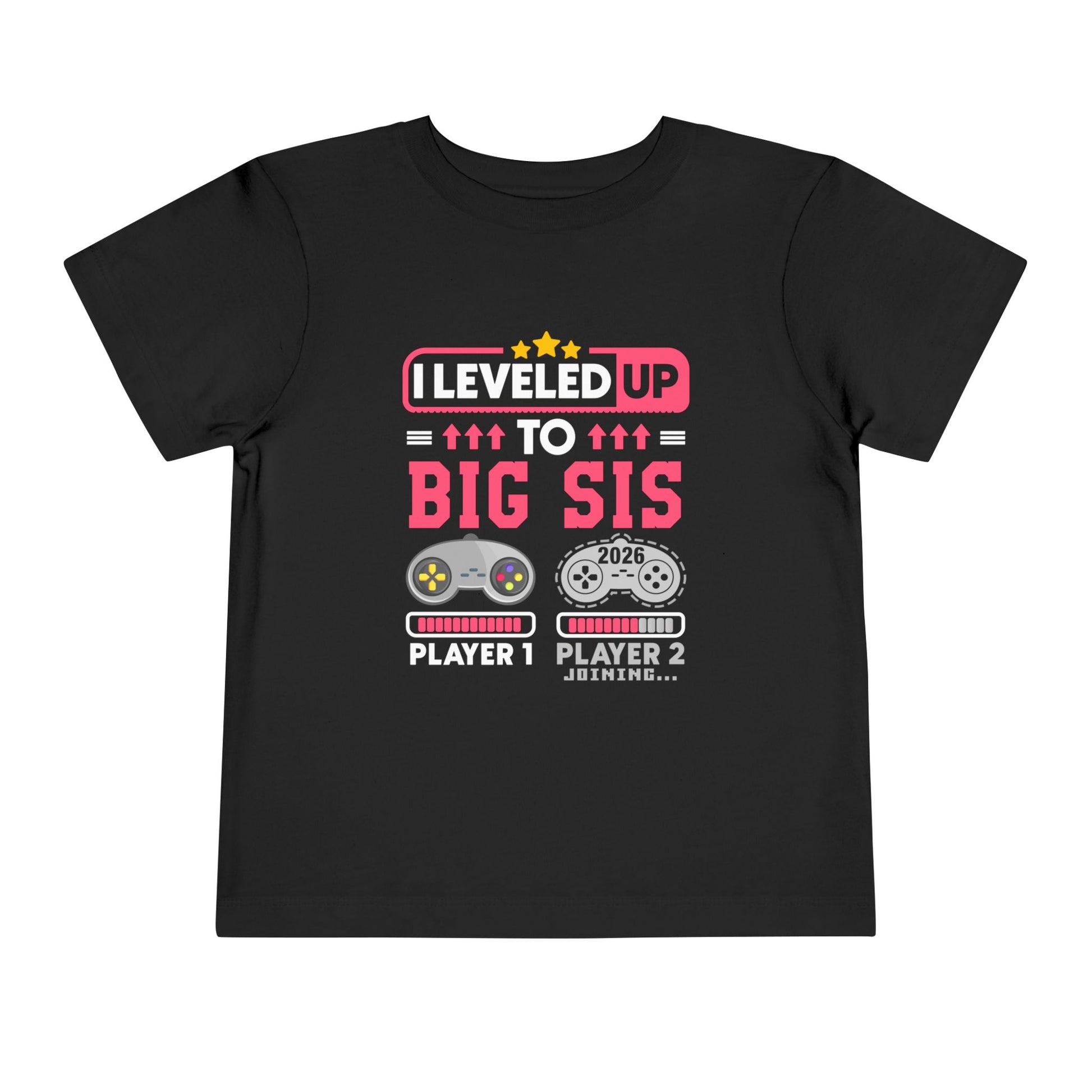 I Leveled Up to Big Sister 2026 T-Shirt Black t-shirt with gaming-themed text and graphics on a white background