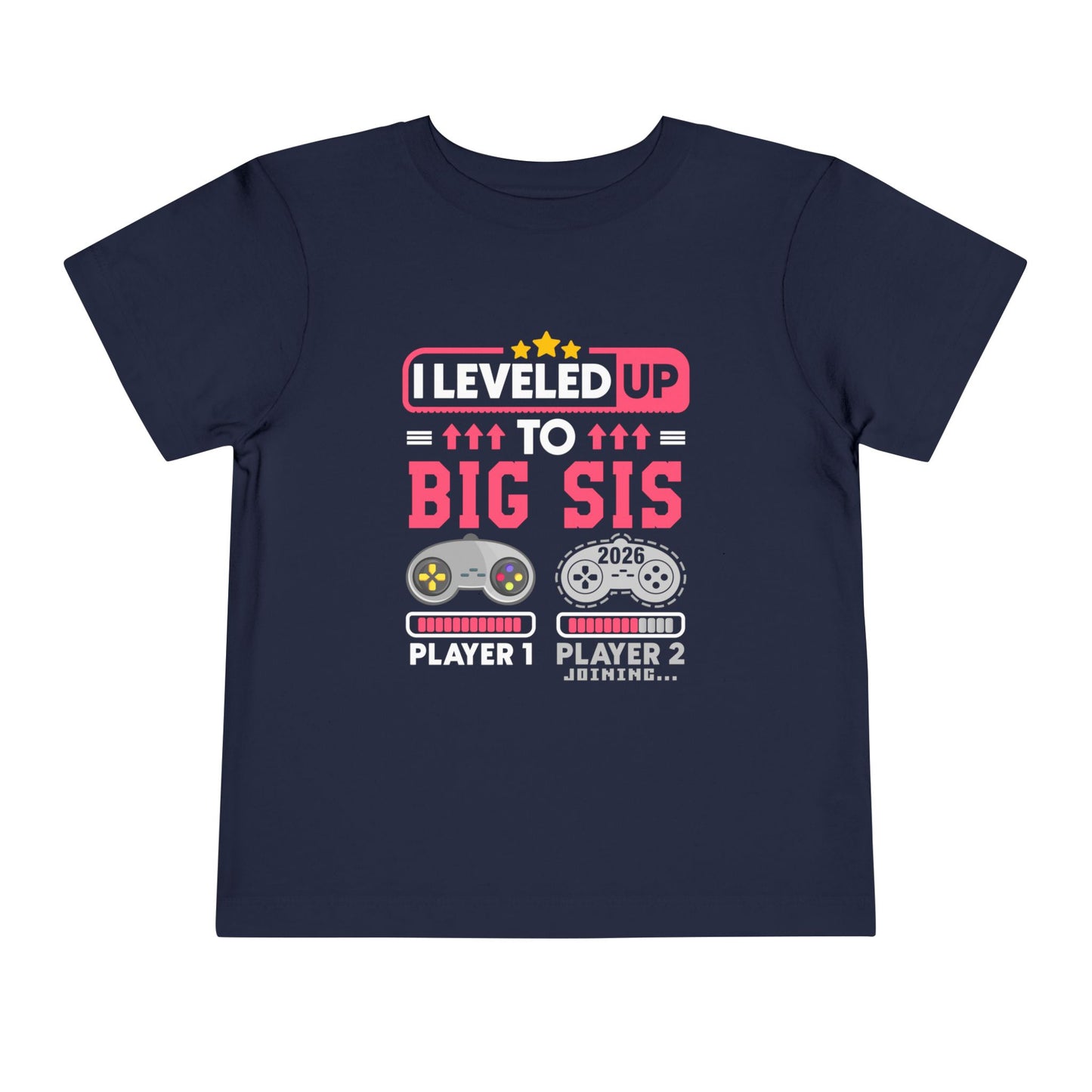 I Leveled Up to Big Sister 2026 T-Shirt Navy blue t-shirt with 'I Leveled Up to Big Sis' text and gaming graphics on a white background