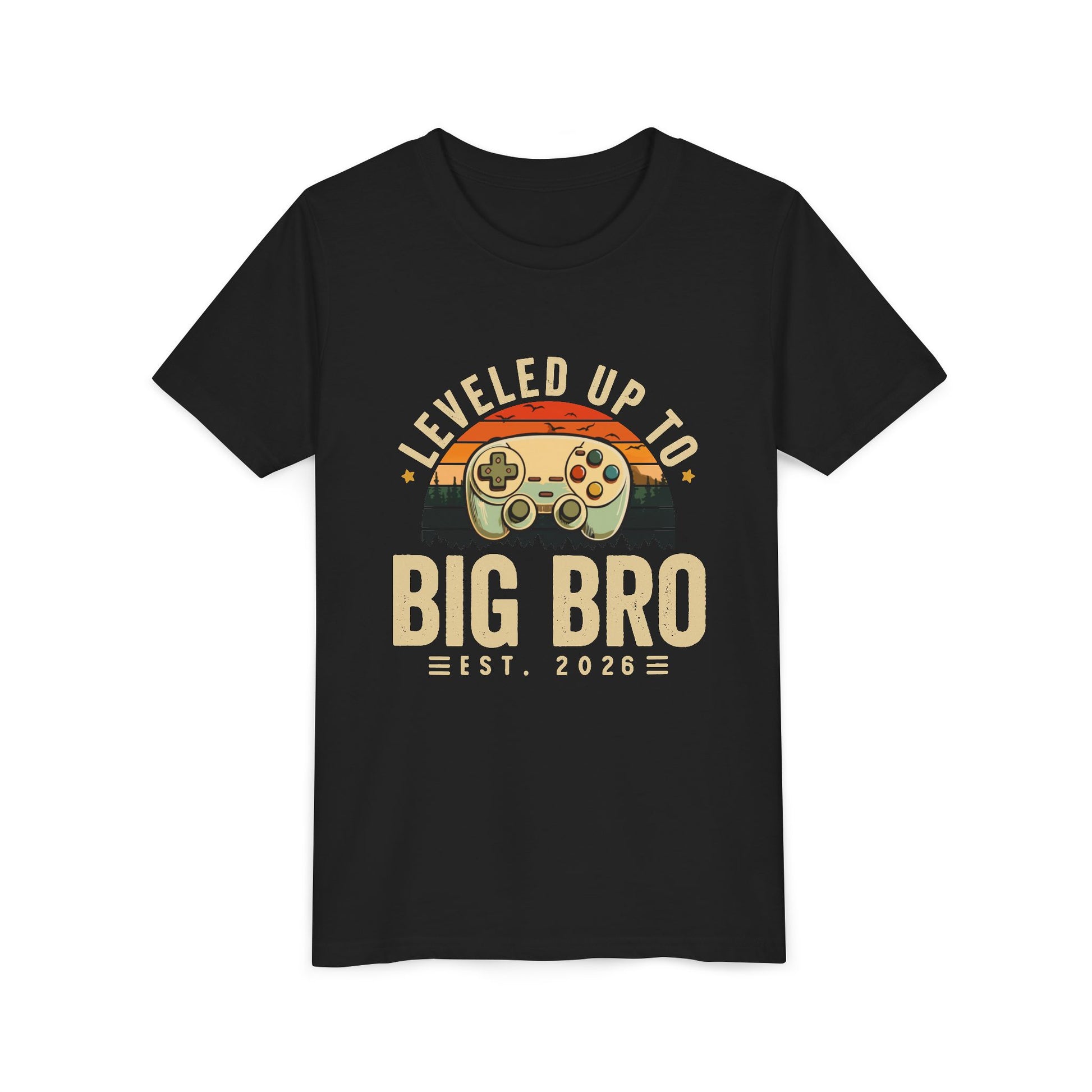 Black t-shirt with 'Leveled Up to Big Bro' graphic design on a white background video gamer