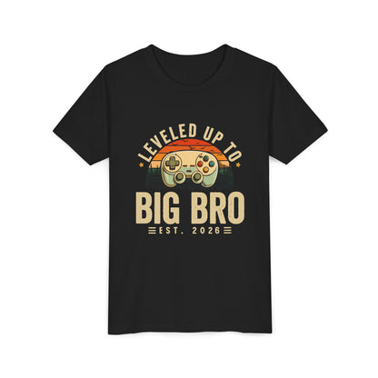 Black t-shirt with 'Leveled Up to Big Bro' graphic design on a white background video gamer