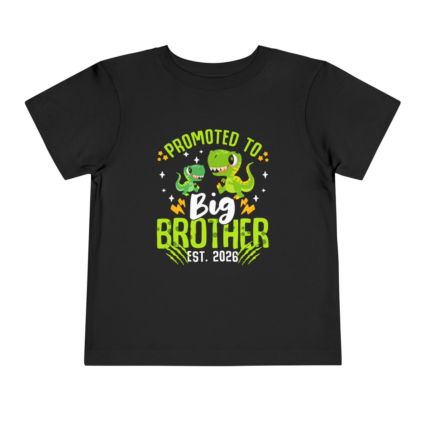 Black t-shirt with dinosaur graphics and text 'Promoted to Big Brother Est. 2026' on a white background