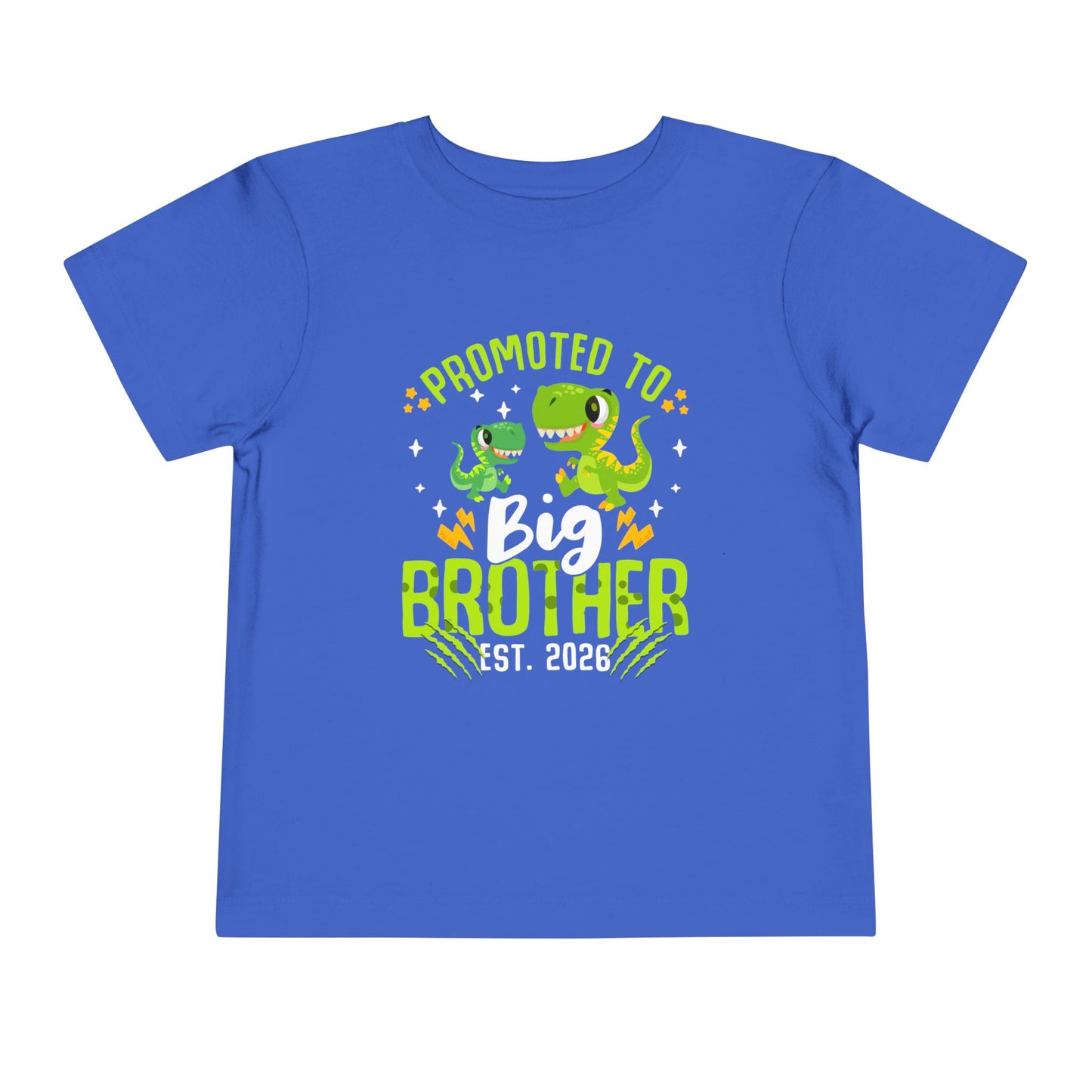 Blue t-shirt with dinosaur graphics and text 'Promoted to Big Brother Est. 2026' on a white background