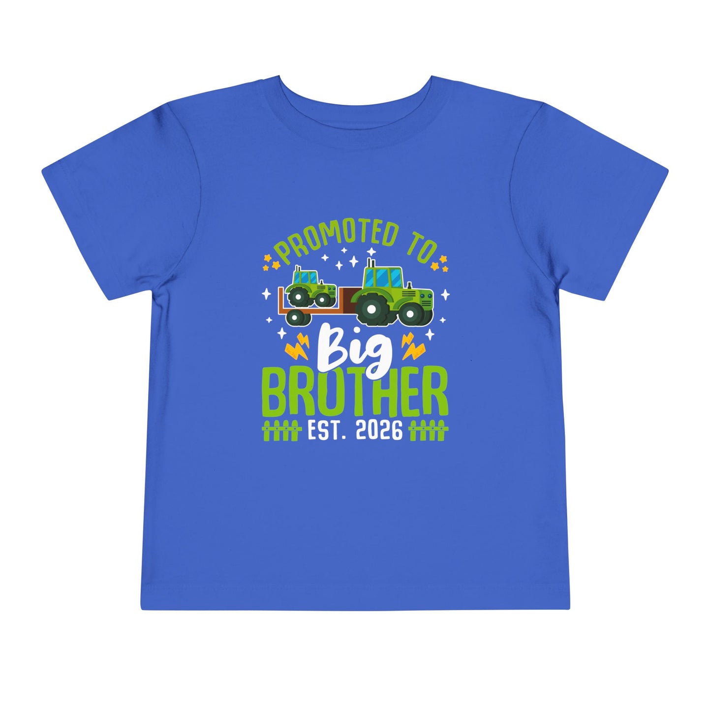 Blue t-shirt with 'Promoted to Big Brother Est. 2026' text and tractor graphic on a white background