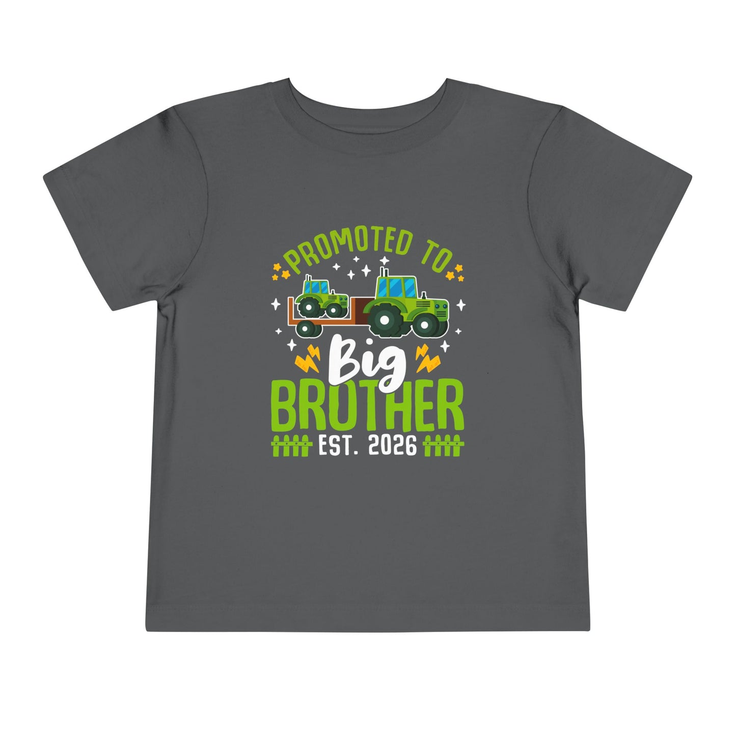 Gray t-shirt with 'Promoted to Big Brother Est. 2026' text and graphic on a white background