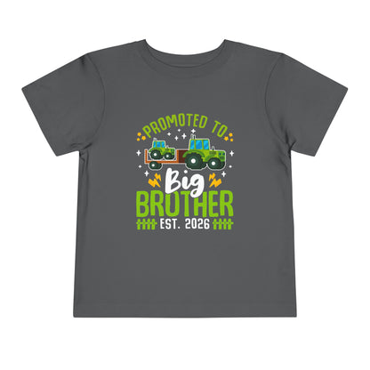 Gray t-shirt with 'Promoted to Big Brother Est. 2026' text and graphic on a white background