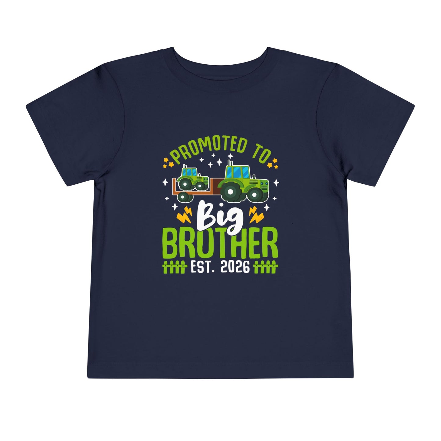 Navy blue t-shirt with 'Promoted to Big Brother Est. 2026' text and graphic on a white background