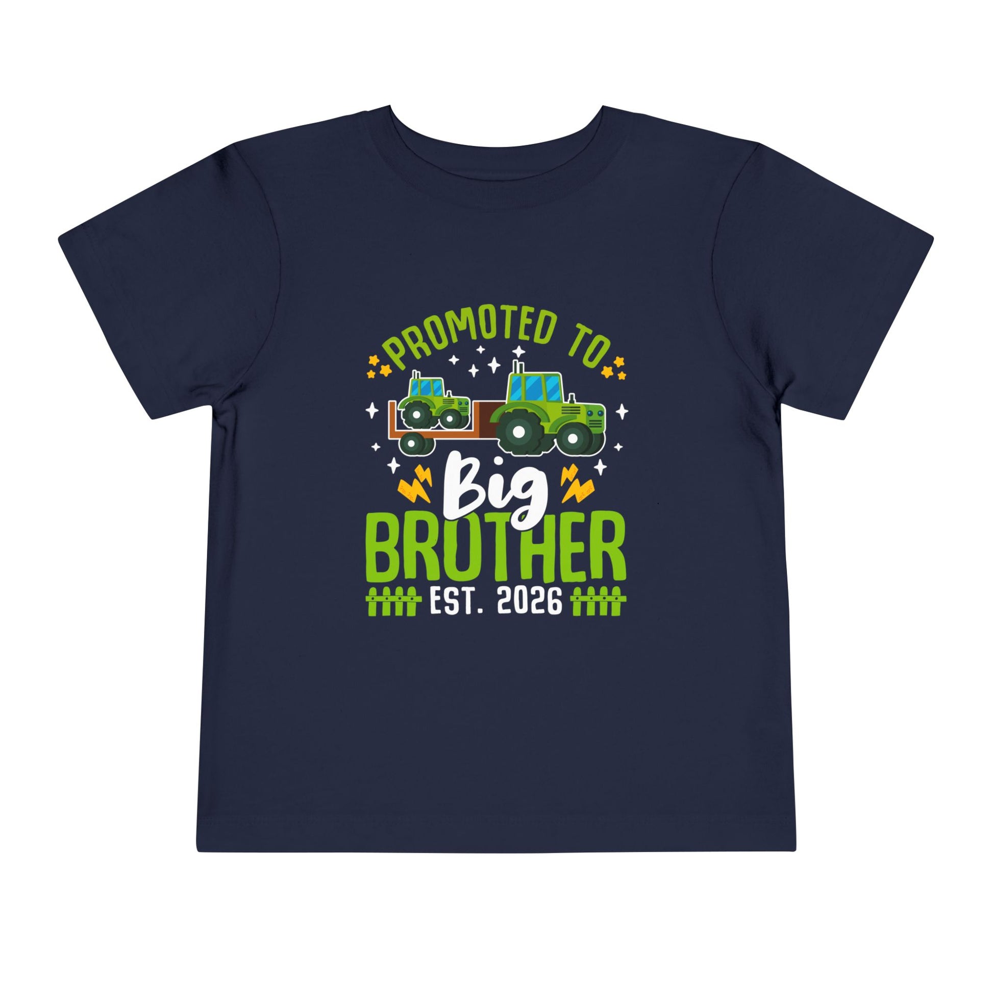 Navy blue t-shirt with 'Promoted to Big Brother Est. 2026' text and graphic on a white background