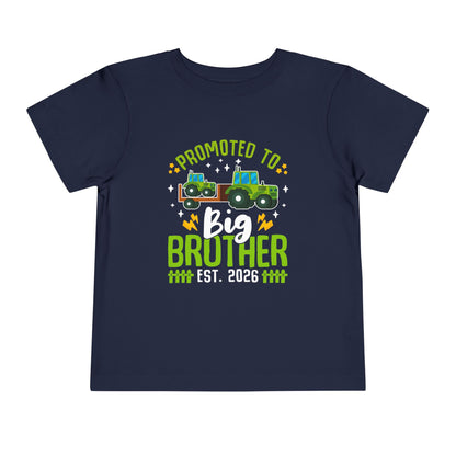 Navy blue t-shirt with 'Promoted to Big Brother Est. 2026' text and graphic on a white background