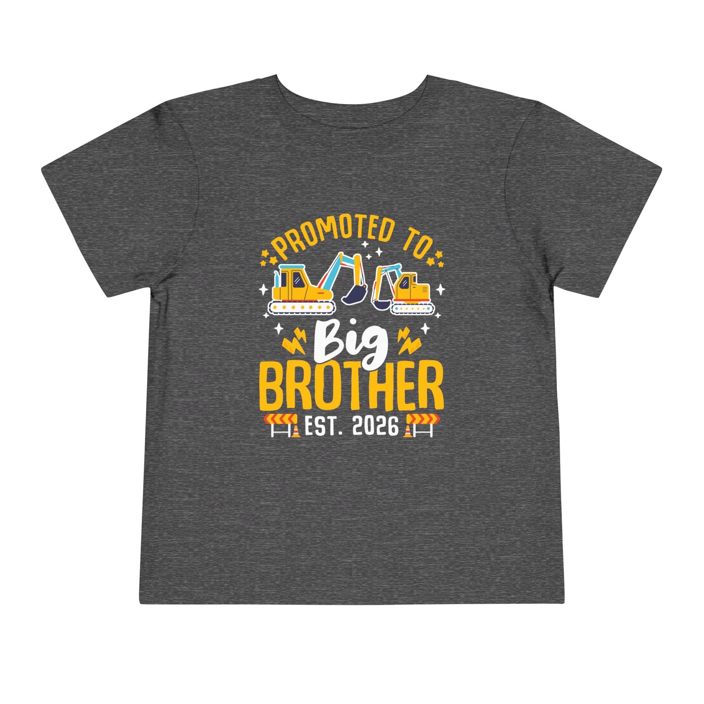 Gray t-shirt with 'Promoted to Big Brother Est. 2026' text and construction vehicle graphics on a white background