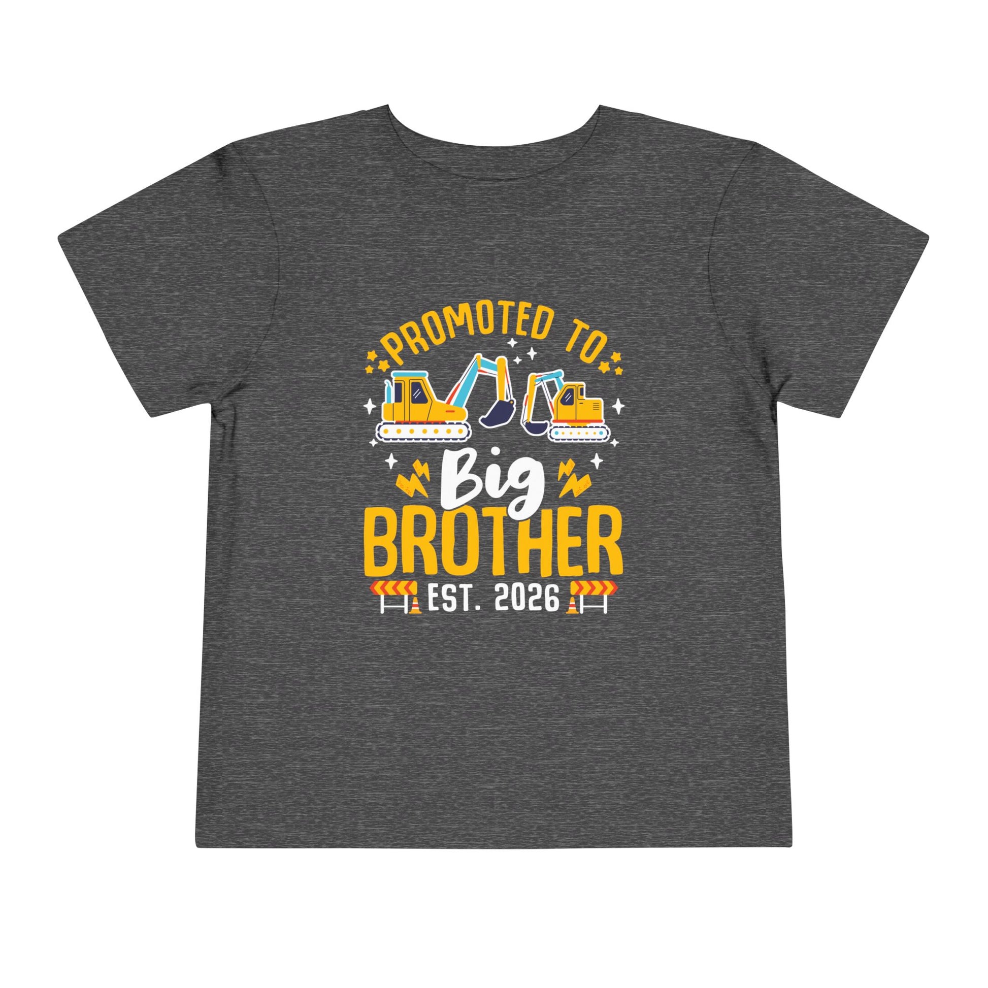 Gray t-shirt with 'Promoted to Big Brother Est. 2026' text and construction vehicle graphics on a white background