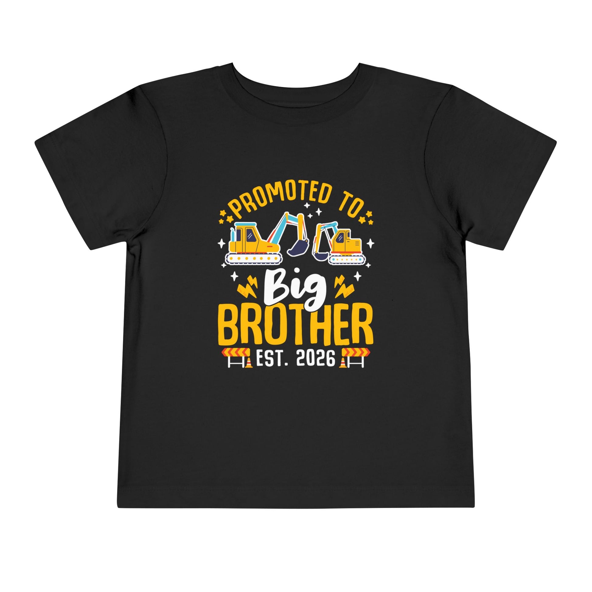 Black t-shirt with 'Promoted to Big Brother Est. 2026' text and construction vehicle graphics on a white background