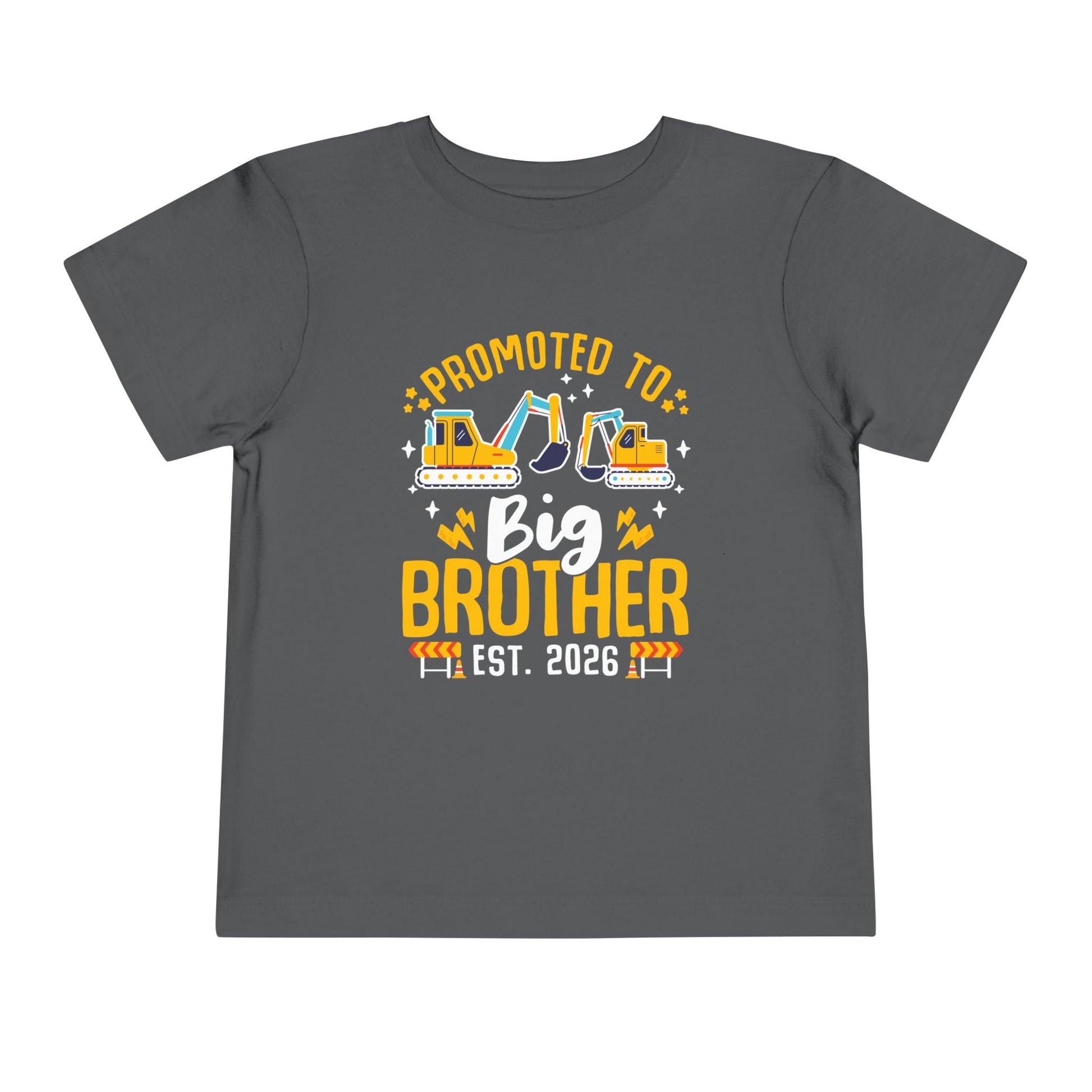 Gray t-shirt with 'Promoted to Big Brother Est. 2026' text and construction vehicle graphics on a white background