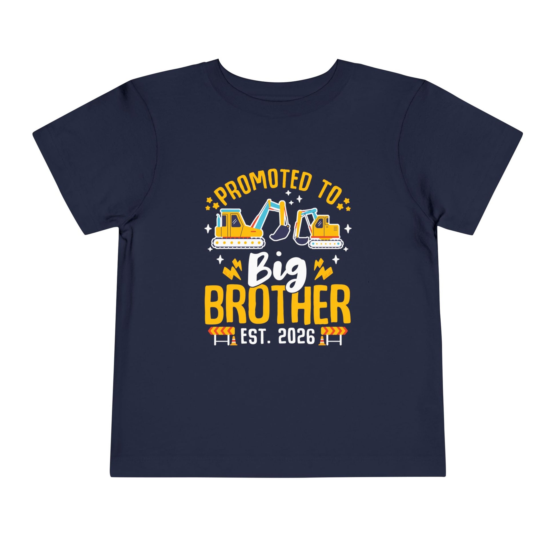 Navy blue t-shirt with 'Promoted to Big Brother Est. 2026' text and construction vehicle graphics on a white background.