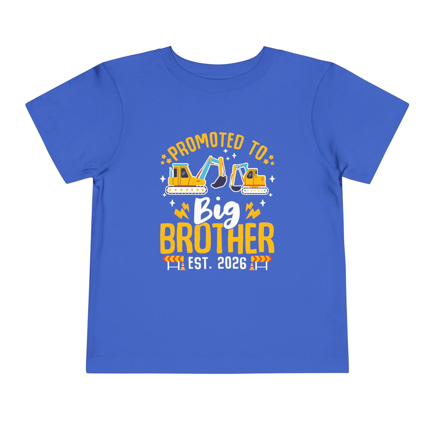 Blue t-shirt with 'Promoted to Big Brother Est. 2026' text and construction vehicle graphics on a white background