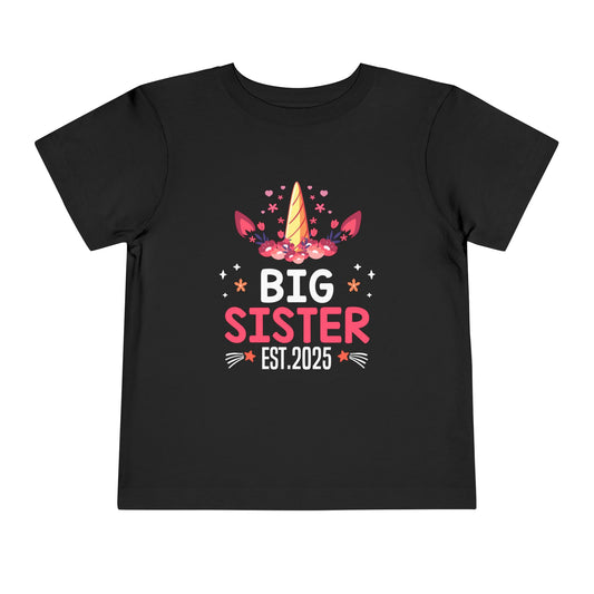 Girls t-shirt with ' Big Sister 2025' unicorn design – cute sibling pregnancy announcement outfit for daughters.