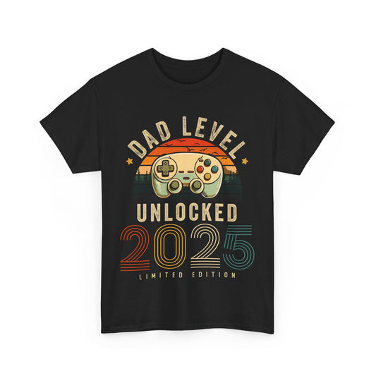 Black t-shirt with 'Dad Level Unlocked 2025' design – fun gamer-themed pregnancy reveal gift for new dads.