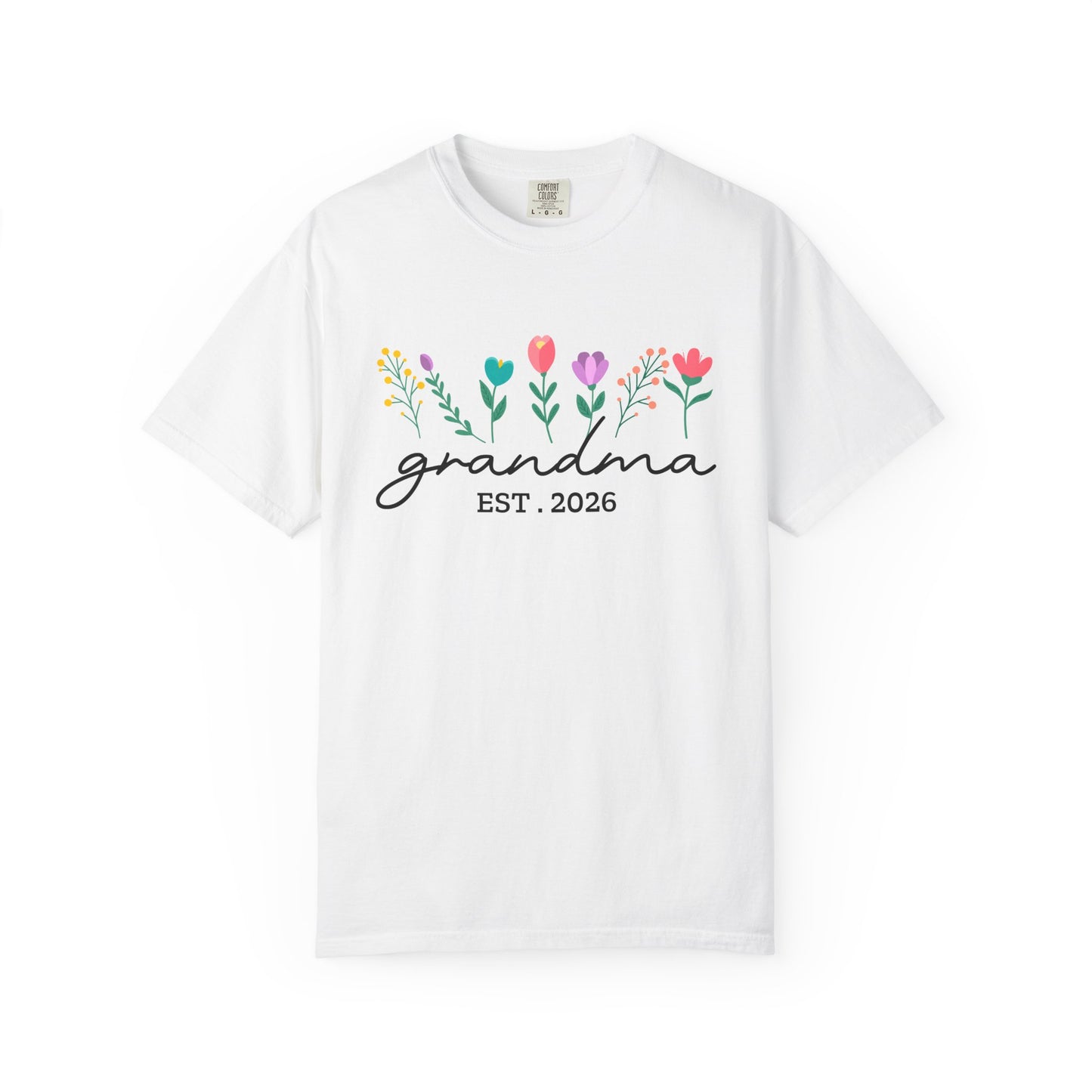 White t-shirt with floral design and 'grandma EST. 2026' text on a white background