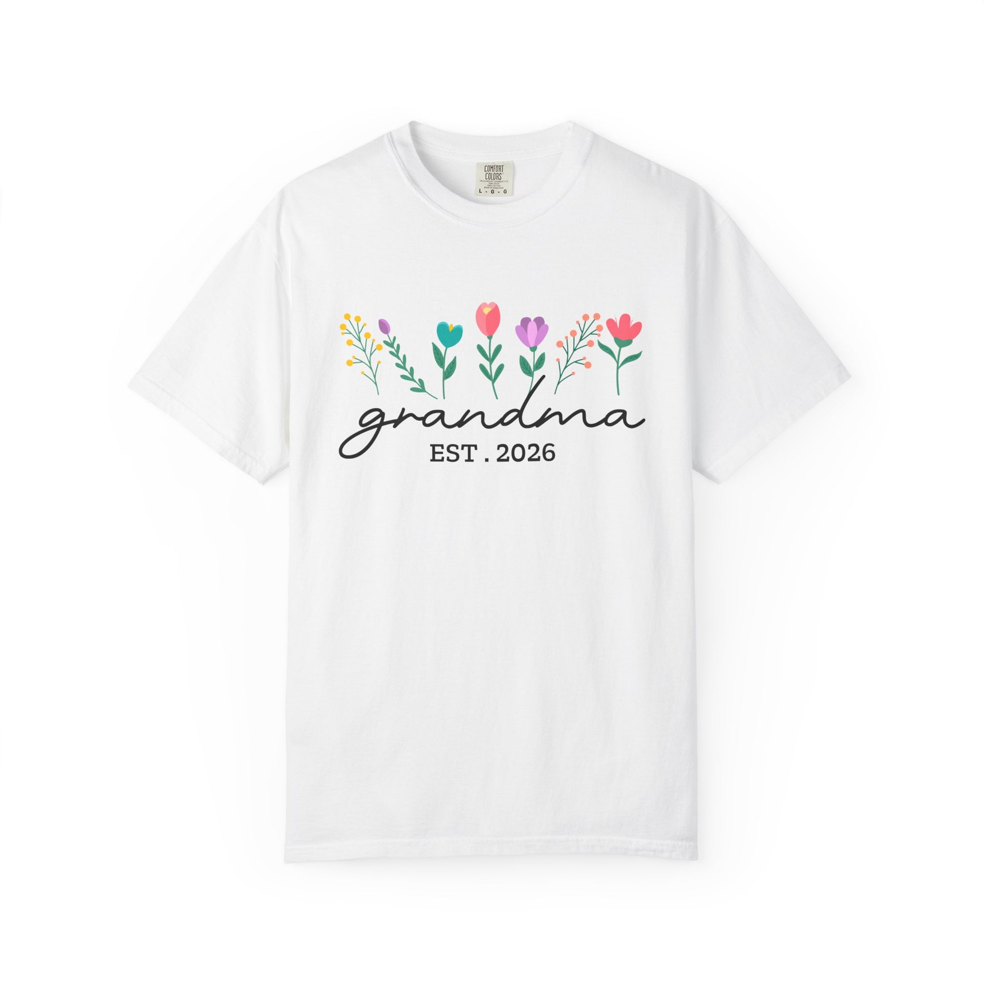White t-shirt with floral design and 'grandma EST. 2026' text on a white background