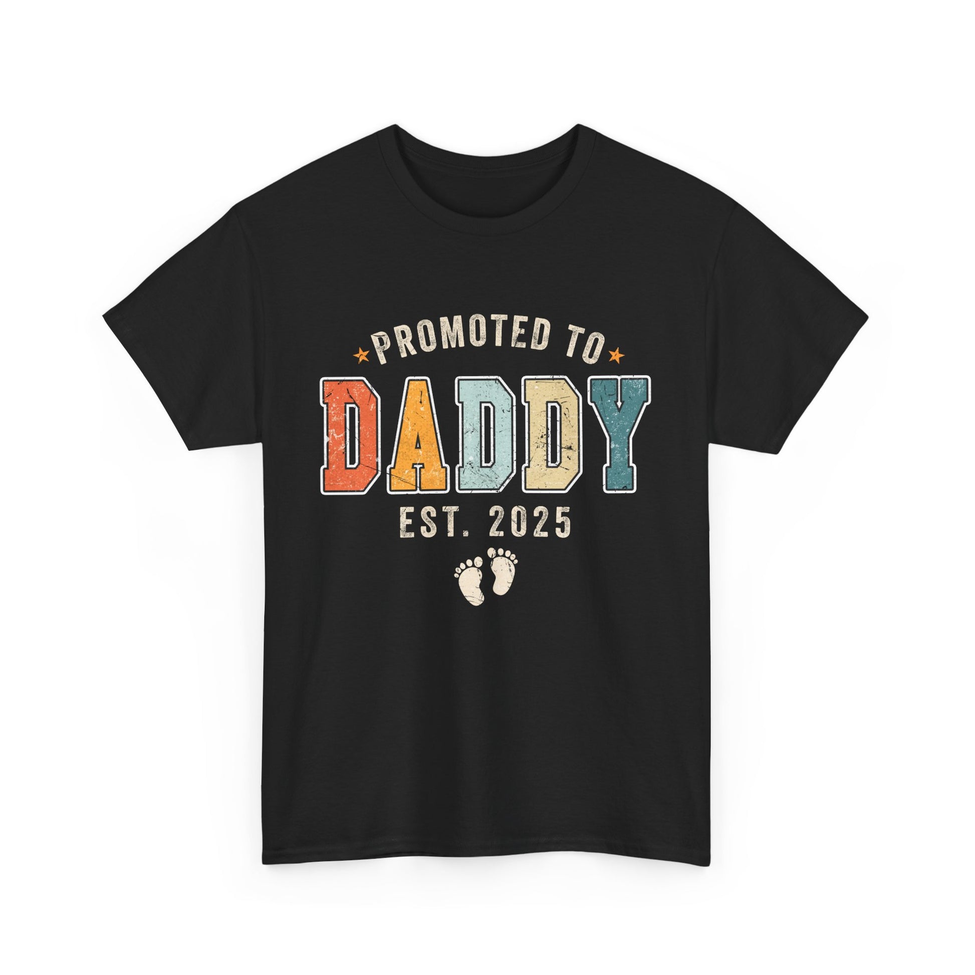 Black t-shirt with retro vintage 'Promoted to Daddy 2025' design – stylish pregnancy reveal gift for first-time dads.

Want variations for white shirts, hoodie, or baby onesies with matching design? I can help generate names & alt text for those too.








