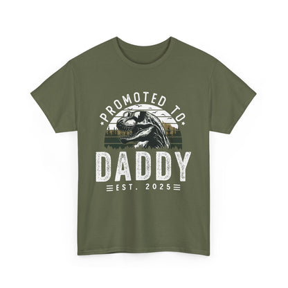 Olive green t-shirt with 'promoted to Daddy est 2025 Dinosaur' design – fun pregnancy announcement gift for expecting fathers.