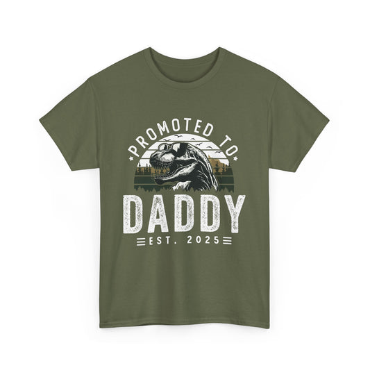 Olive green t-shirt with 'promoted to Daddy est 2025 Dinosaur' design – fun pregnancy announcement gift for expecting fathers.