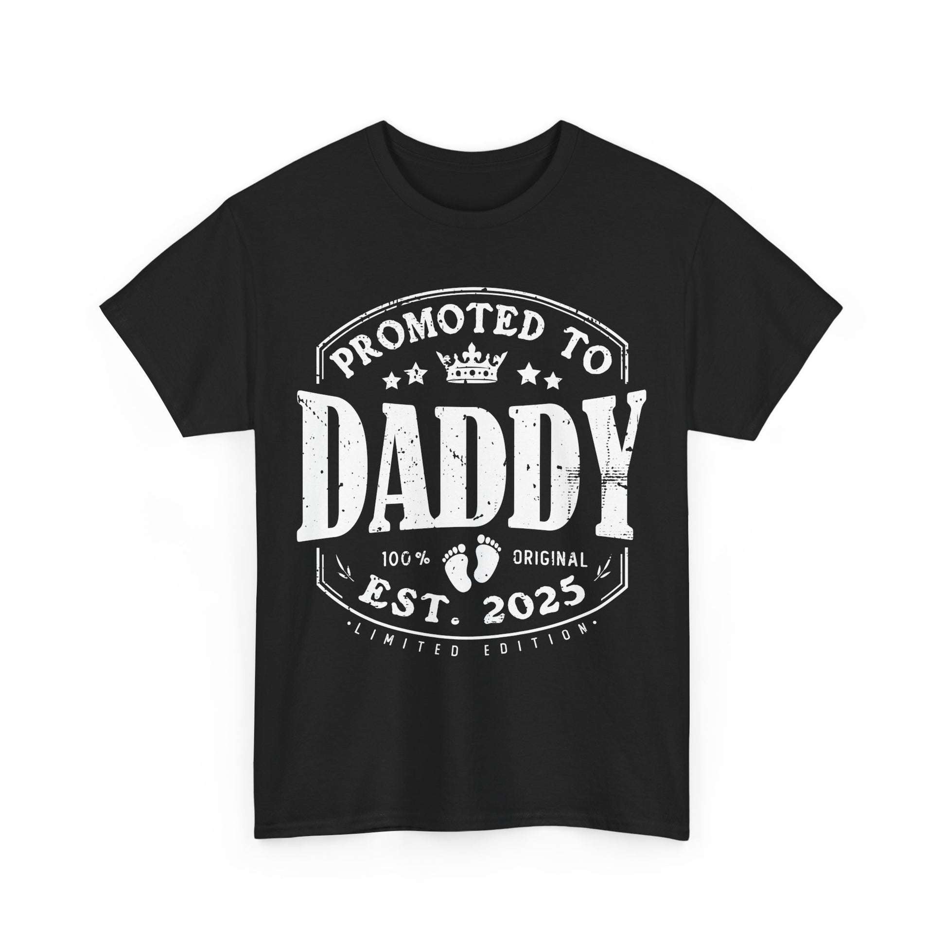 Black t-shirt with 'Promoted to Daddy Est. 2025' text in vintage style – perfect pregnancy announcement gift for future dads.