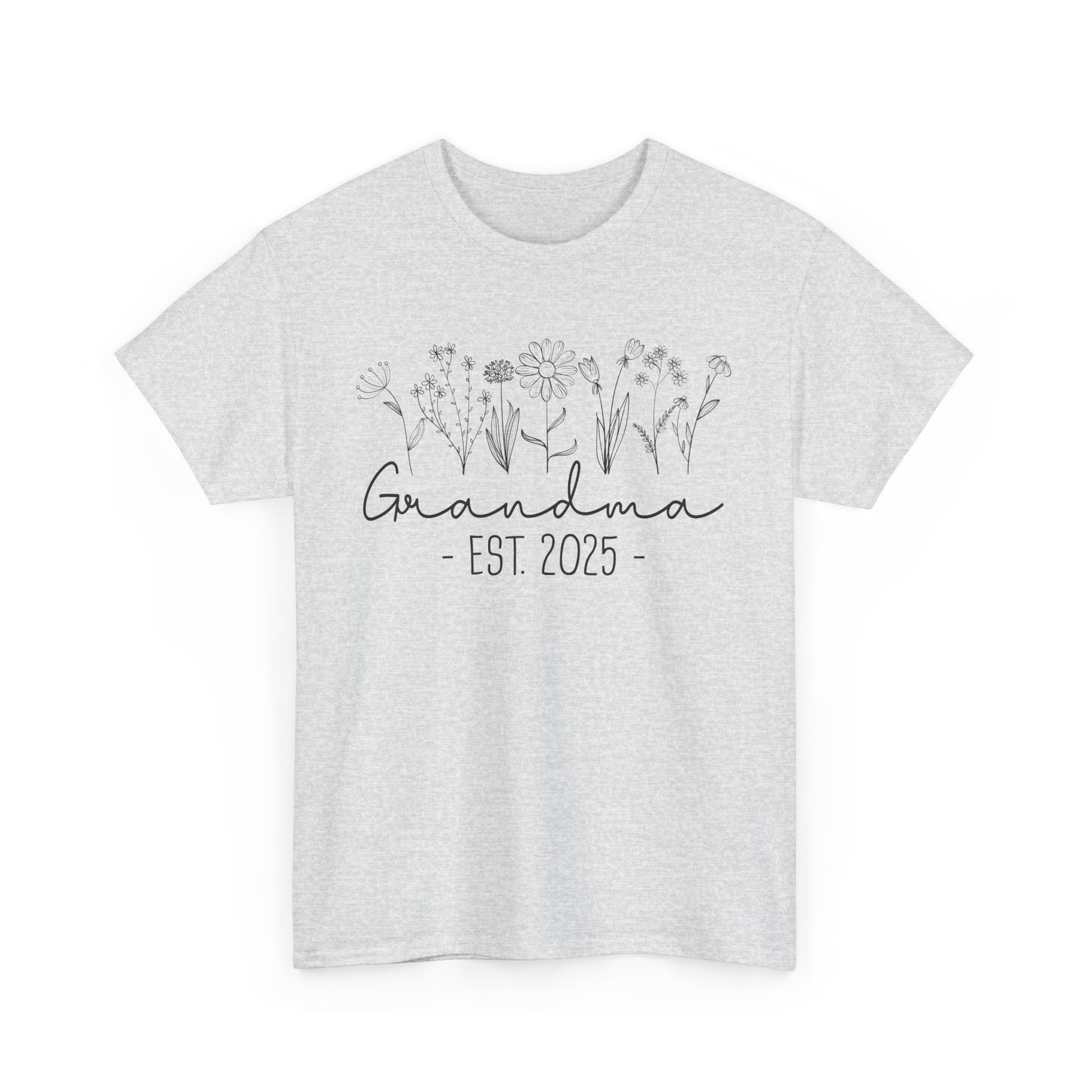 ‘Promoted to Grandma 2025’ T‑shirt styled with flowers, ideal pregnancy reveal gift flat presentation