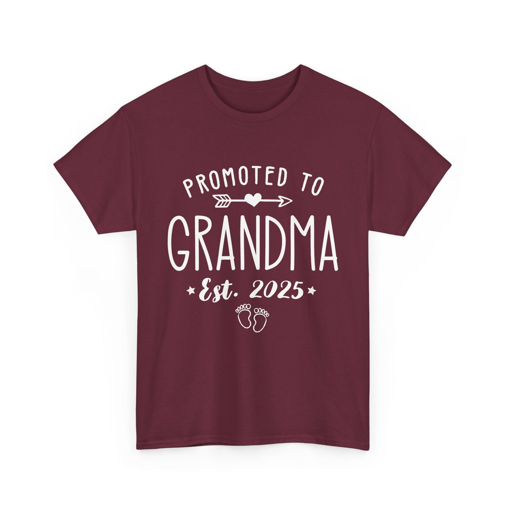 Burgundy‘Promoted to Grandma 2025’ T‑shirt with baby footprints and wreath graphic, front view perfect for baby announcement.