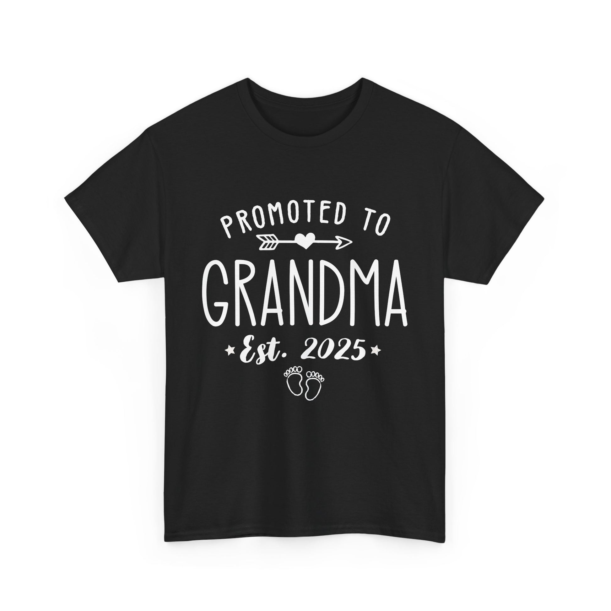 black ‘Promoted to Grandma 2025’ T‑shirt with baby footprints and wreath graphic, front view perfect for baby announcement.